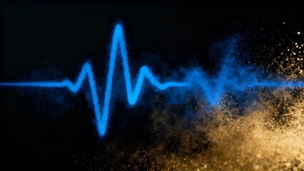 Blue Energy Pulse Line with Dynamic Light Wave and Particle Explosion on Dark Background