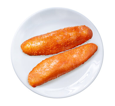 Spicy seasoned cod roe on white plate, Japanese food Tara spawn isolate on white with clipping path