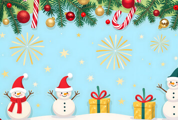 Festive Snowman and Gift Illustration with Candy Canes and Fireworks on a Blue Background