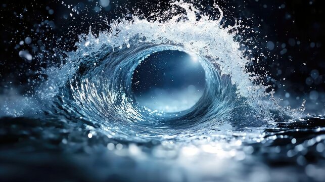 A powerful ocean wave curls and breaks, forming a tunnel of water with spray and droplets against a dark, moody background.