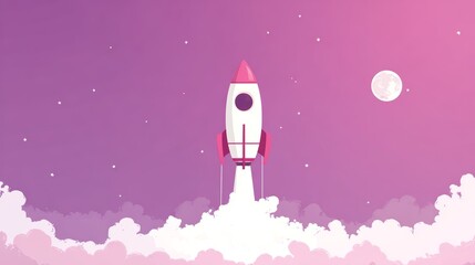 Obraz premium illustration of a rocket launching from clouds, purple background