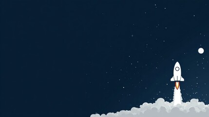 illustration of a rocket launching from clouds, navy background