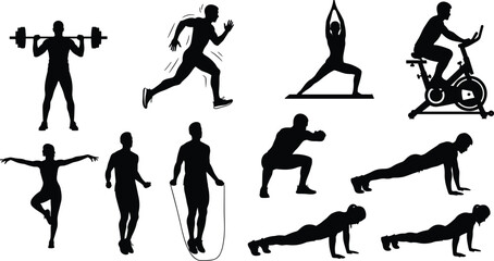 Fitness workout silhouettes set including weightlifting man, runner, stationary bike, yoga poses, rope jumping and pushup exercises vector illustration.