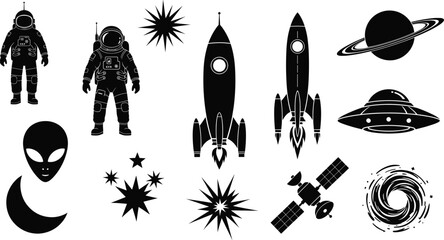 Space silhouette collection featuring astronaut suits, rocket ships, alien head, saturn planet, ufo saucer and satellite vector illustration set. © Khadija Creatives