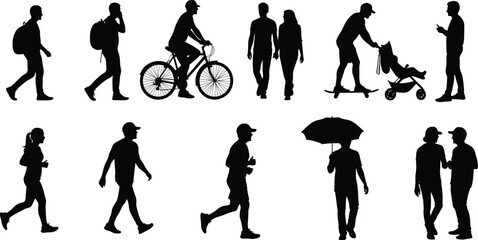 Urban people silhouettes collection featuring walking men, running woman, cyclist, skateboarding dad with stroller, and couple holding hands vector.