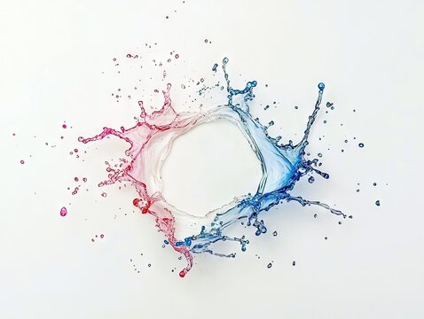 A dynamic splash of red and blue liquid creates a circular shape with droplets and streams against a clean white background.