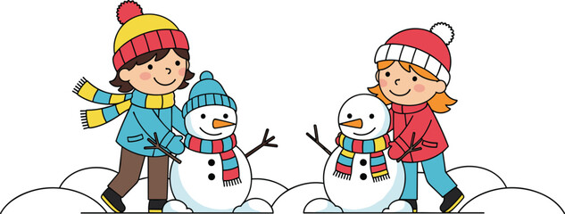 Children building snowmen in winter, cartoon illustration, snowy outdoor play, colorful scarves, joyful kids, seasonal activity, snow fun, creative moment