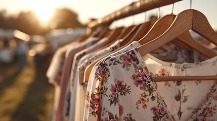Beautiful Floral Dresses Hanging on Rack at Sunset Marketplace