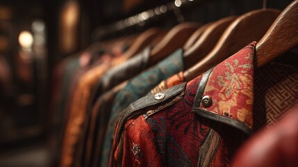 Vibrant Textiles Hang on Wooden Hangers in Boutique Clothing Store