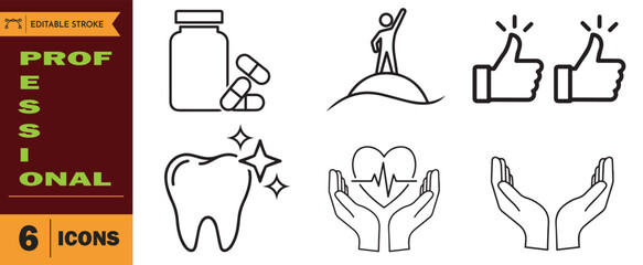 Set of six professional line icons representing health, success, dental care, medicine, approval, and support