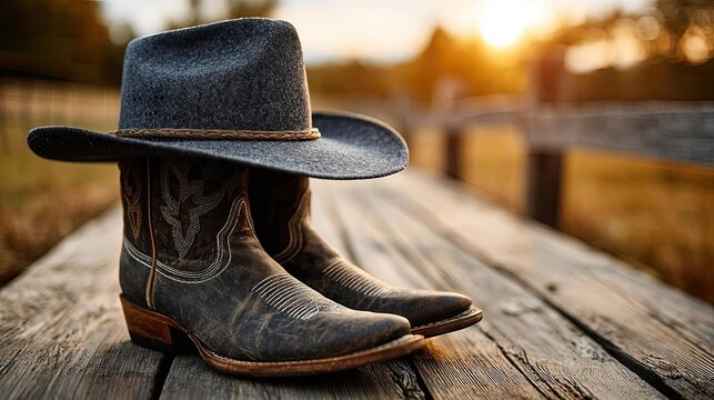 Cowboy boots with hat on wooden background concept. Stylish cowboy boots and hat set against a sunset backdrop.
