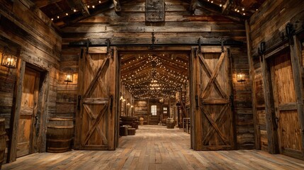 Classic wooden design of western saloon interior concept. Rustic barn interior with wooden doors and warm ambient lighting.