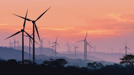 Fototapeta premium Silhouettes of wind turbines in a sunset sky