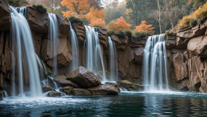 Captivating waterfall cascading over rocky cliffs surrounded by autumn foliage
