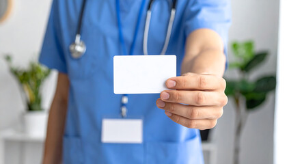 Unrecognizable nurse or doctor in uniform holding a blank plastic card, a concept of medical identification or a mockup for your design
