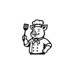 A cheerful pig chef mascot illustration holding a spatula and wearing a classic chef outfit