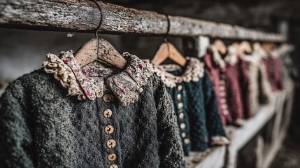 Vintage doll clothes hanging in a rustic wooden display