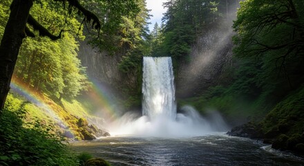 Majestic waterfall plunges through a lush green forest with a vibrant rainbow arc