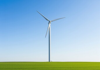 Obraz premium Modern wind turbine generating clean renewable energy standing in a green field under blue sky