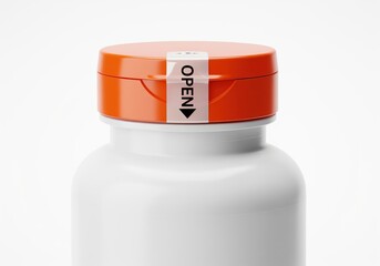 Close up of white supplement bottle with orange cap and tamper evident security seal.