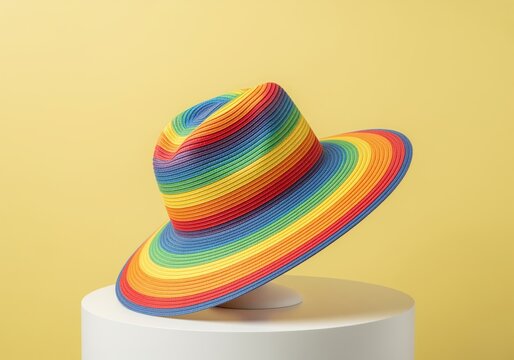 Colorful rainbow striped straw summer hat displayed on a white pedestal against yellow