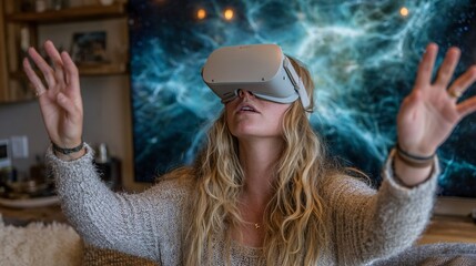 Woman Experiencing Virtual Reality in Cozy Interior Setting