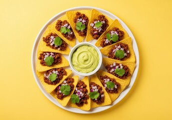 Delicious beef nachos platter with fresh guacamole dip and red onion, served on yellow