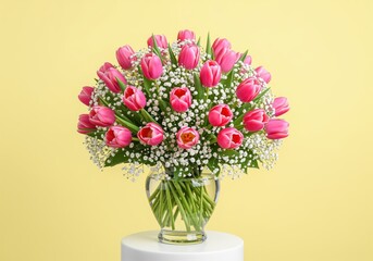 Obraz premium Vibrant pink tulip bouquet with white gypsophila in a clear glass vase on a yellow studio background.