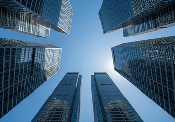 Ultra sharp low angle view of modern glass skyscrapers against a clear blue sky.