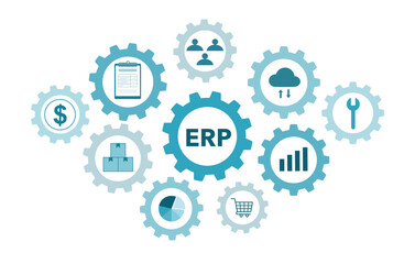 Enterprise Resource Planning (ERP) Banner with Icons for Inventory, Financials, HRM, Production, and MRP System Integration