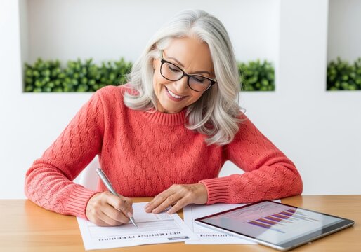 Smiling senior woman writing on documents while planning finances with a digital tablet