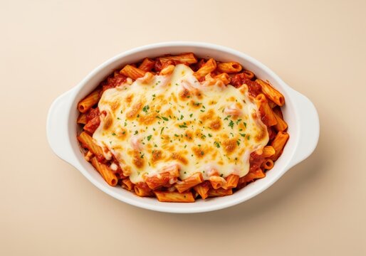 Delicious baked penne pasta covered with melted mozzarella cheese and red tomato sauce.