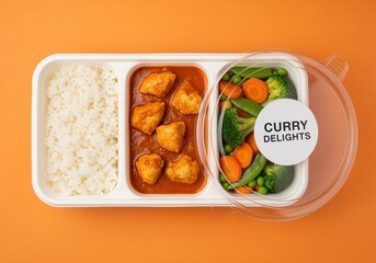 Ready to eat chicken curry meal with rice and mixed vegetables in a segmented takeout box