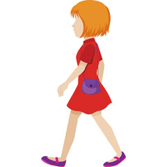 Side Profile Of A Cartoon Girl With Short Orange Hair Wearing A Red Dress And A Purple Purse Walking Forward With A Transparent Background
