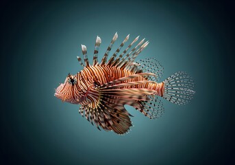 Detailed studio photograph of a venomous lionfish specimen against a dark teal background