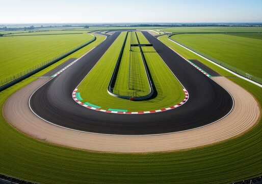 Ultra sharp aerial view of a modern asphalt racetrack hairpin curve surrounded by green fields
