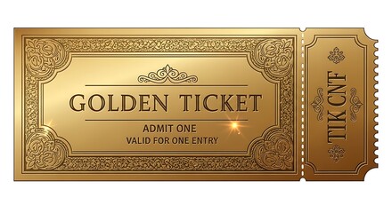 Luxurious golden ticket with ornate border and perforated stub for special event entry or prize