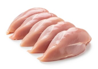 High quality studio shot of five fresh raw chicken breast fillets isolated on white