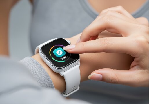 Female hand tapping the health app icon on a modern white wearable smartwatch device - Powered by Adobe