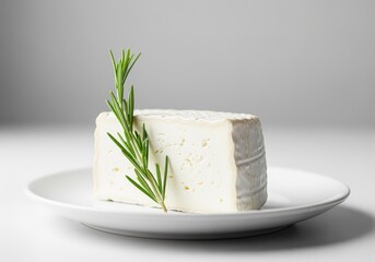 Perfect wedge of creamy white goat cheese with fresh rosemary on a clean white plate.