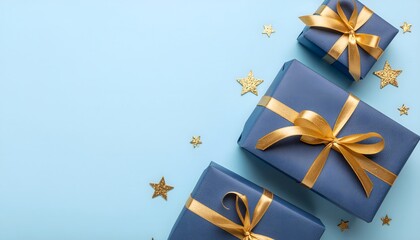 Generative AI illustration background of blue gifts with golden bows and ribbons placed on blue background near stars