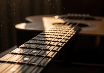 Dramatic close up of acoustic guitar fretboard illuminated by warm sunlight and dust