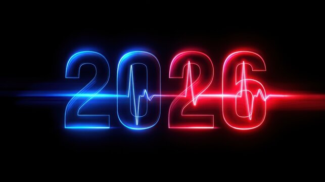 Neon glowing 2026 numbers with vibrant blue and red gradient light effects on dark background