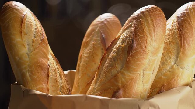 Close-up of several golden brown baguettes in a brown paper bag, with steam rising from the bread. The crust appears cracked