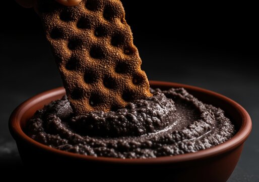 Dramatic close up of a rustic rye crispbread dipping into a rich black bean dip.