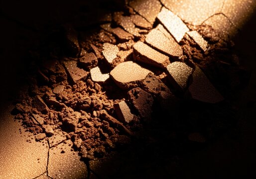 Intense macro view of fragmented shimmering bronze cosmetic makeup texture