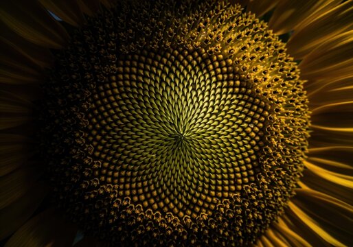 Mesmerizing spiral pattern of seeds on a sunflower head captured in dramatic macro.