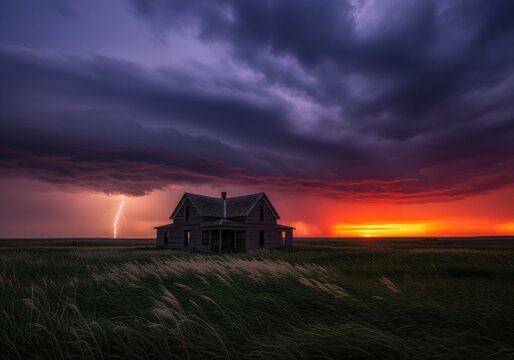 Abandoned house and lightning strike under a dramatic stormy sunset sky