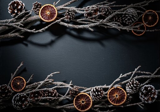 Dark rustic winter holiday border with frosted branches, pinecones, and dried orange slices on black slate