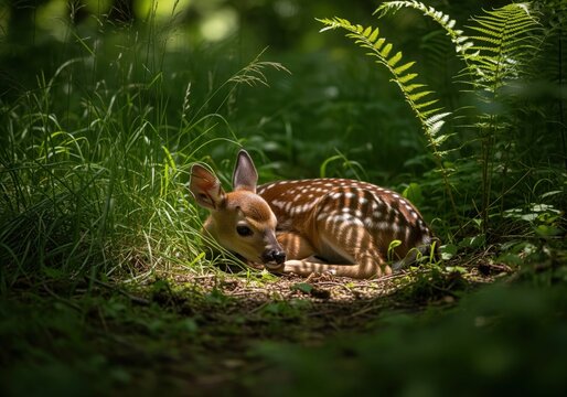 Young spotted fawn resting peacefully in tall grass and ferns in a dark forest setting. - Powered by Adobe